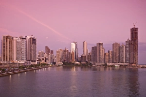 Panama City Prints: Avenue Balboa and Punta Paitilla at sunset, Panama City, Panama, Central America