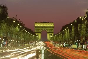 Congestion Collection: Avenue des Champs Elysees and the Arc de Triomphe at night, Paris, France, Europe