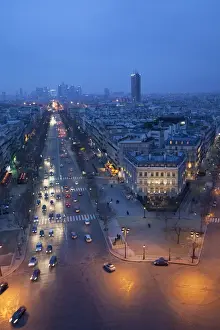 La Defense Prints: Avenue de la Grande Armee at night with La Defense in the distance from the Arc de Triomphe