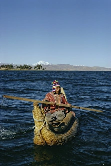 Paddling Prints: Aymara Indian in a reed boat, Lake Titicaca, Bolivia, South America