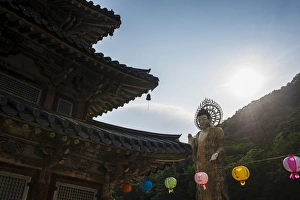 Lanterns Prints: Backlit Golden Maitreya Statue, Beopjusa Temple Complex, South Korea, Asia