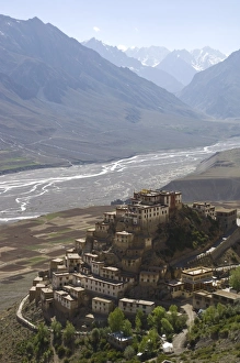 Backlit view of Kee Gompa monastery complex from above