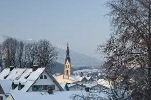 Bad Tolz spa town covered by snow at sunrise, Bavaria, Germany