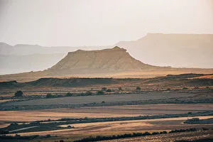 Navarre Prints: The badlands of Bardenas Reales desert mountains at sunrise, Navarre, Spain, Europe
