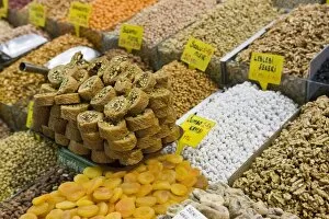 Baklava and dried fruit and nuts for sale, Spice Bazaar, Istanbul, Turkey, Western Asia