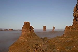 Balanced Rock Prints: Balanced Rock with fog, Arches National Park, Utah, United States of America