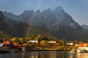 Cabin Prints: Ballstad with rainbow at sunrise
