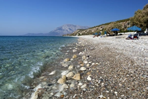 Pebble Beach Prints: Balos beach and Mount Kerketeas, Ormos Koumeikon, Samos, Aegean Islands, Greece