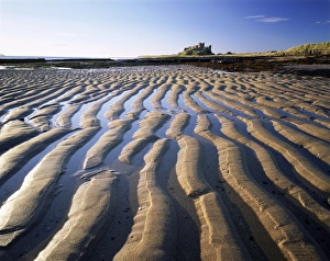 Surface Level Prints: Bamburgh castle and Bamburgh beach, Bamburgh, Northumberland, England, United Kingdom