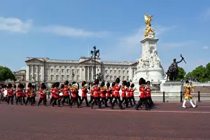 Uniform Prints: Band of the Coldstream Guards marching past Buckingham Palace during the rehearsal for Trooping the Colour