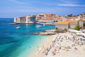 Old Port Prints: Banje beach, Old Port and Dubrovnik Old Town, Dubrovnik, Dalmatian Coast, Croatia, Europe