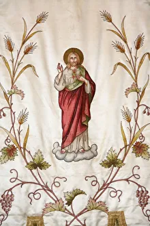 Banner Prints: Banner depicting Jesus in Notre-Dame de Fresneau church, Marsanne, Drome, France, Europe