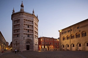 Piazza Duomo Prints: The Baptistry at dusk, Piazza Duomo, Parma, Emilia Romagna, Italy, Europe