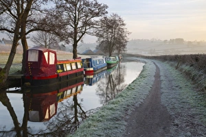 Canals Prints: Barges on Monmouthshire and Brecon Canal in frost, Pencelli, Brecon Beacons National Park