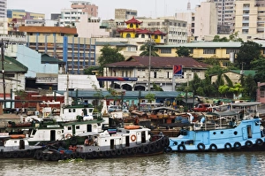Barge Prints: Barges on River Pasig with city buildings behind
