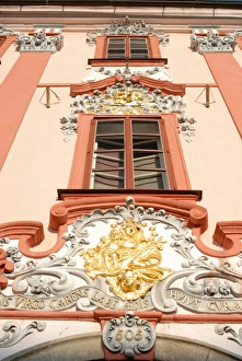 Cheb Prints: Detail of Baroque decoration on facade of building, Kral Jiri z Podebrad Square