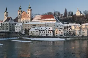Upper Austria Prints: Baroque Michaelerkirche church dating from 1635 and buildings at confluence of Steyr