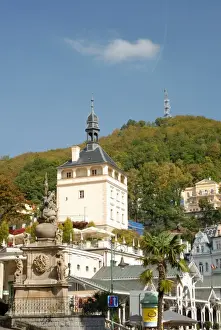 Plague Column Prints: Baroque Plague Column and 19th century spa buildings in spa town of Karlovy Vary
