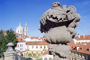 Mala Strana Prints: Baroque statue at Vrtbovska Garden with Baroque St. Nicholas Church in the background