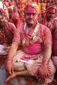 Celebrating Prints: Barsana villagers celebrating Holi in Nandgaon, Uttar Pradesh, India, Asia
