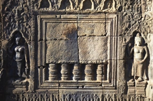 Stereotypically Cambodian Prints: Bas-relief at Angkor era ruins of Wat Nokor