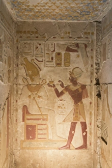 Abydos Prints: Bas-relief, Pharaoh Seti I on right, Temple of Seti I, Abydos, Egypt, North Africa