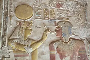 Antiquities Prints: Bas-relief of Pharaoh Seti I on right with the Goddess Hathor on left, Temple of Seti I