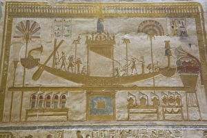 Hieroglyphs Prints: Bas-relief of Sacred Barque Boat, Temple of Seti I, Abydos, Egypt, North Africa, Africa