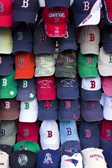 Boston Prints: Baseball caps for sale in Quincy Market, Boston, Massachusetts, New England
