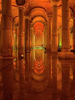 Ancient Ruins Prints: Basilica Cistern with an orange illumination, Istanbul, Turkey, Europe