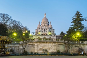 Montmartre Prints: Basilica of Sacre Coeur at dusk, Montmartre, Paris, France, Europe