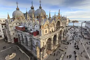 Piazza San Marco Prints: Basilica San Marco, elevated view from Torre dell Orologio, late afternoon sun in winter