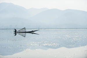 Images Dated 5th April 2010: A basket fisherman on Inle Lake scans the still and shallow water for signs of life