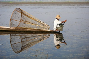 Images Dated 5th April 2010: A basket fisherman on Inle Lake scans the still and shallow water for signs of life