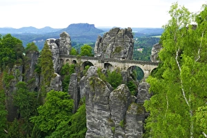 Saxony Prints: Bastei Bridge on Bastei Rock Formation near Rathen, Saxon Switzerland, Saxony, Germany