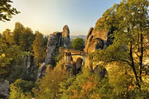 Typically German Gallery: Bastei Bridge at sunrise, Elbsandstein Mountains, Saxony Switzerland National Park