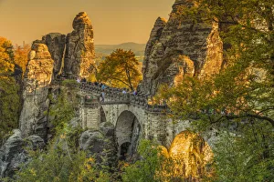 Saxony Prints: Bastei Bridge at sunset, Elbsandstein Mountains, Saxony Switzerland National Park