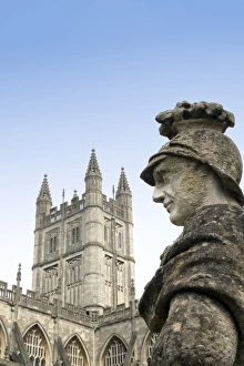 Typically British Prints: Bath Abbey and a Roman statue in the Roman Baths, Bath, UNESCO World Heritage Site