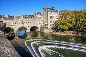 Riverside Prints: Bath Weir and Pulteney Bridge on the River Avon, Bath, UNESCO World Heritage Site