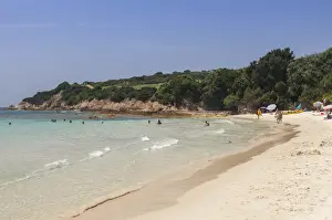 South Corsica Prints: Bathers on sandy beach surrounded by turquoise sea and golf course, Sperone, Bonifacio