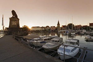 Lindau Prints: Bavarian Lion and Mangturm at the port at sunset, Lindau, Lake Constance, Bavaria
