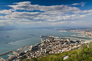 Gibraltar Prints: Bay of Gibraltar and Gibraltar Town from the top of the Rock, Gibraltar, Europe