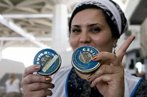 Bazari woman selling caviar, Central Bazaar, Ashgabad, Turkmenistan, Central Asia, Asia