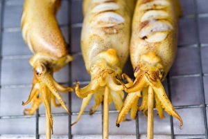 Stick Prints: BBQ squid, Chatuchak weekend market, Bangkok, Thailand, Southeast Asia, Asia