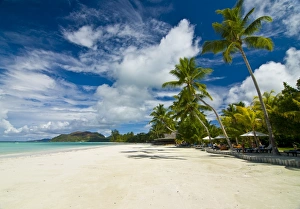 Sand Beach Prints: Beach bungalows at beach of Anse Volbert, Praslin, Seychelles, Indian Ocean, Africa