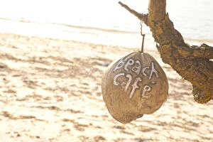 Coco Nut Prints: Beach Cafe written on a coconut on Gili Trawangan