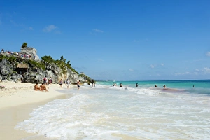 Mayan Ruin Prints: Beach on Caribbean coast below the ancient Mayan site of Tulum, Quintana Roo