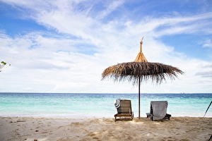 Chairs Prints: Beach chairs on beautiful tropical beach, The Maldives, Indian Ocean