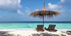 Chairs Prints: Beach chairs on beautiful tropical beach, The Maldives, Indian Ocean