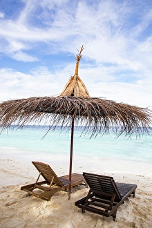 Chairs Prints: Beach chairs on beautiful tropical beach, The Maldives, Indian Ocean